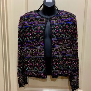 Vintage Papell Boutique Evening Black Silk sequined and beaded jacket - sz M